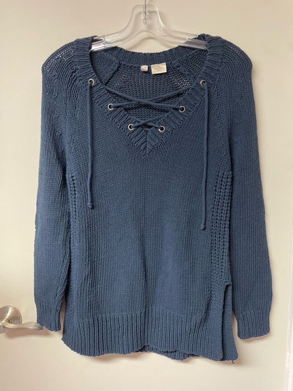 Moth Lace-Up V-Neck Pullover Sweater - Blue XS